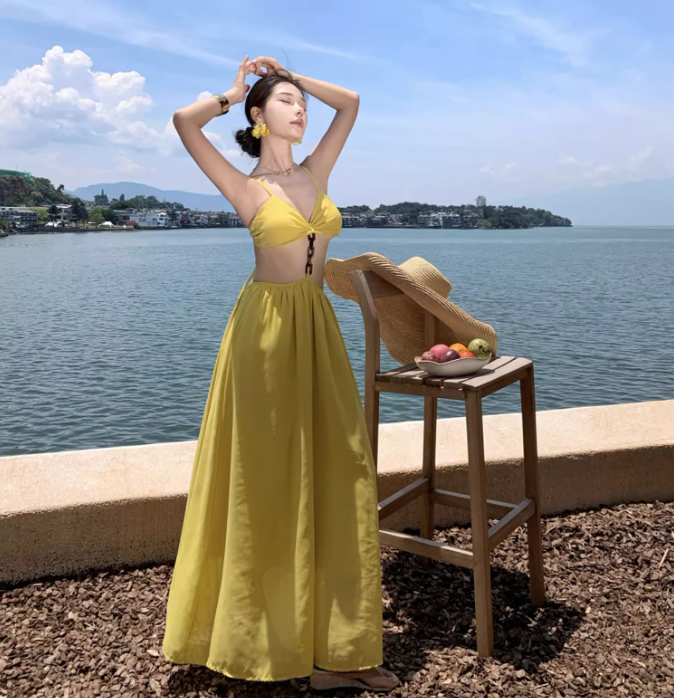 Travel Faux 2-Piece Dress with Open Waist Summer Party Outfit Spaghetti Strap Long Dress AP0358