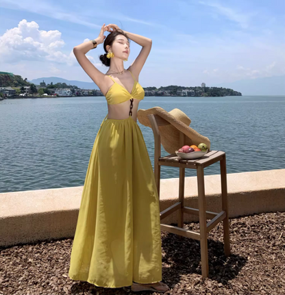 Travel Faux 2-Piece Dress with Open Waist Summer Party Outfit Spaghetti Strap Long Dress AP0358