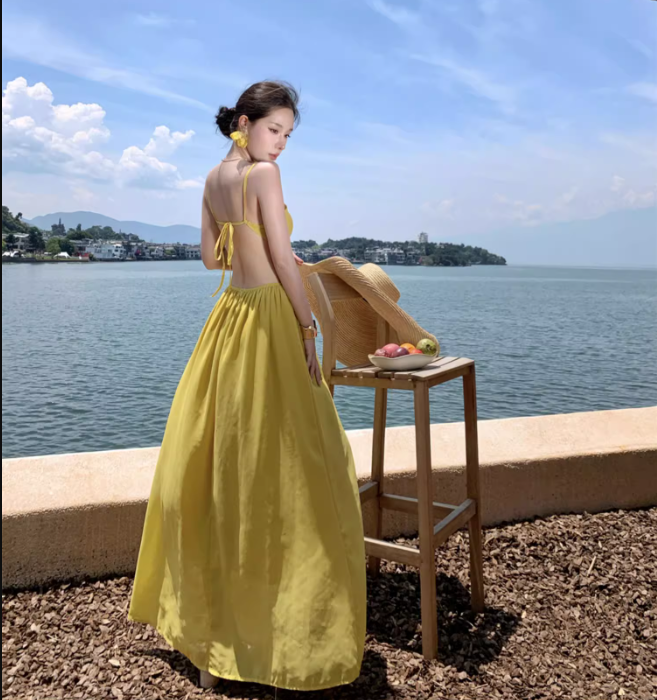 Travel Faux 2-Piece Dress with Open Waist Summer Party Outfit Spaghetti Strap Long Dress AP0358