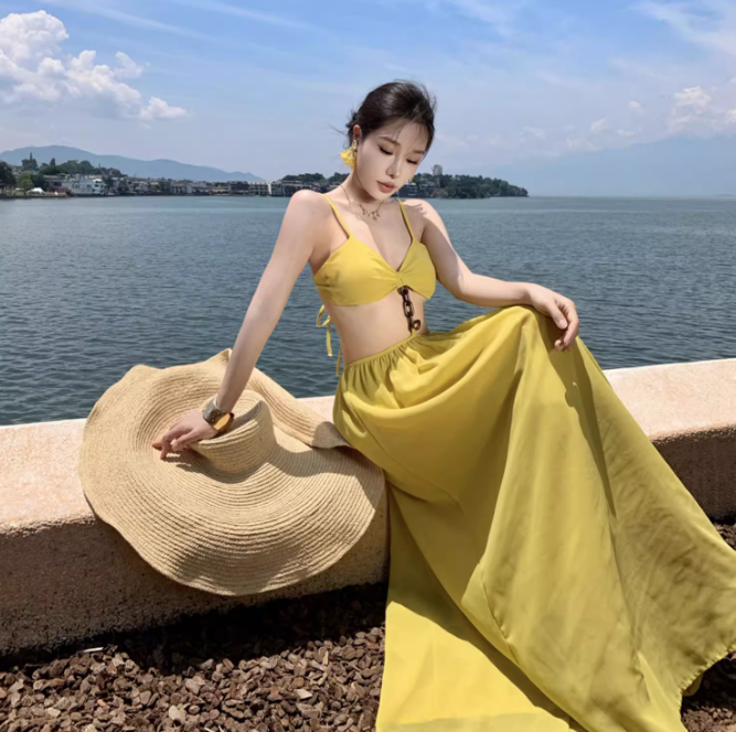 Travel Faux 2-Piece Dress with Open Waist Summer Party Outfit Spaghetti Strap Long Dress AP0358