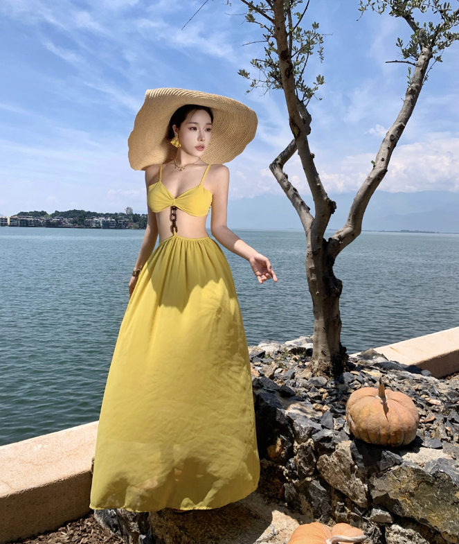 Travel Faux 2-Piece Dress with Open Waist Summer Party Outfit Spaghetti Strap Long Dress AP0358