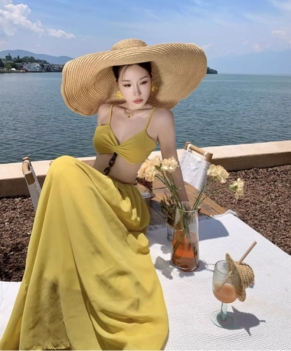 Travel Faux 2-Piece Dress with Open Waist Summer Party Outfit Spaghetti Strap Long Dress AP0358