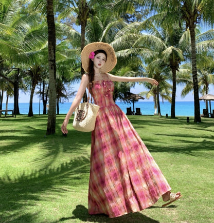 Vintage Retro Loose Fit Flowy Midi Dress Spaghetti Strap Vibrant Long Dress AP0359