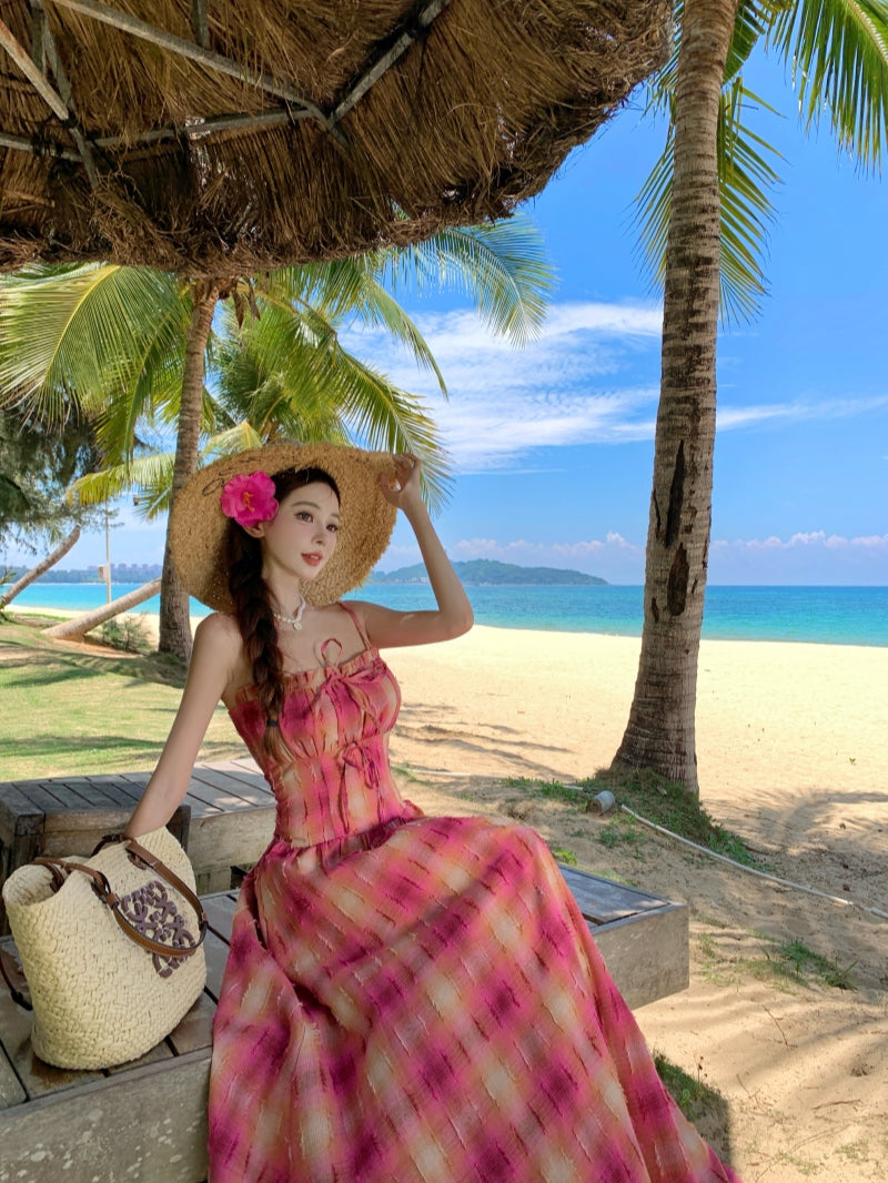 Vintage Retro Loose Fit Flowy Midi Dress Spaghetti Strap Vibrant Long Dress AP0359