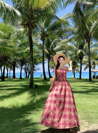 Vintage Retro Loose Fit Flowy Midi Dress Spaghetti Strap Vibrant Long Dress AP0359