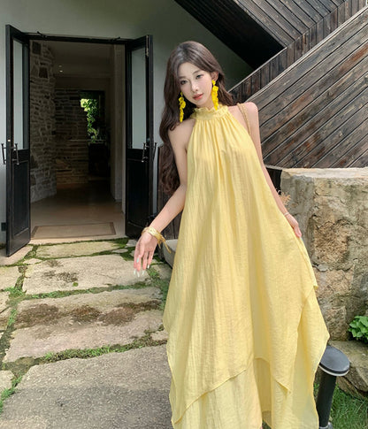 Vacation Asymmetrical Breathable Material Hem Dress With Natural Waist Flowy Halter Long Dress AP0360