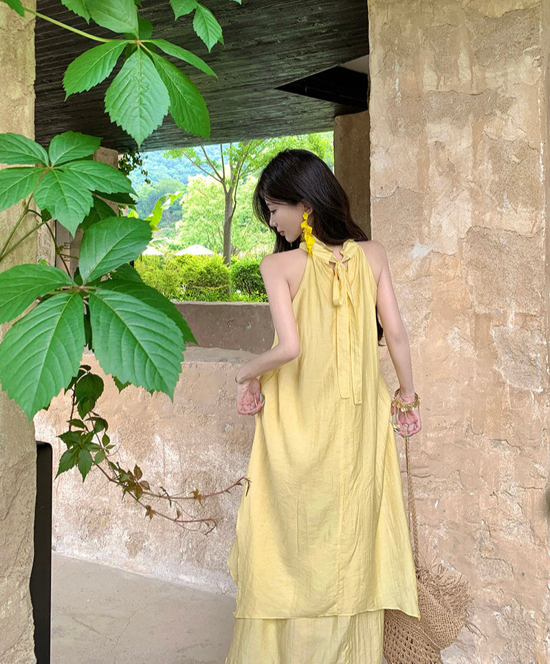 Vacation Asymmetrical Breathable Material Hem Dress With Natural Waist Flowy Halter Long Dress AP0360