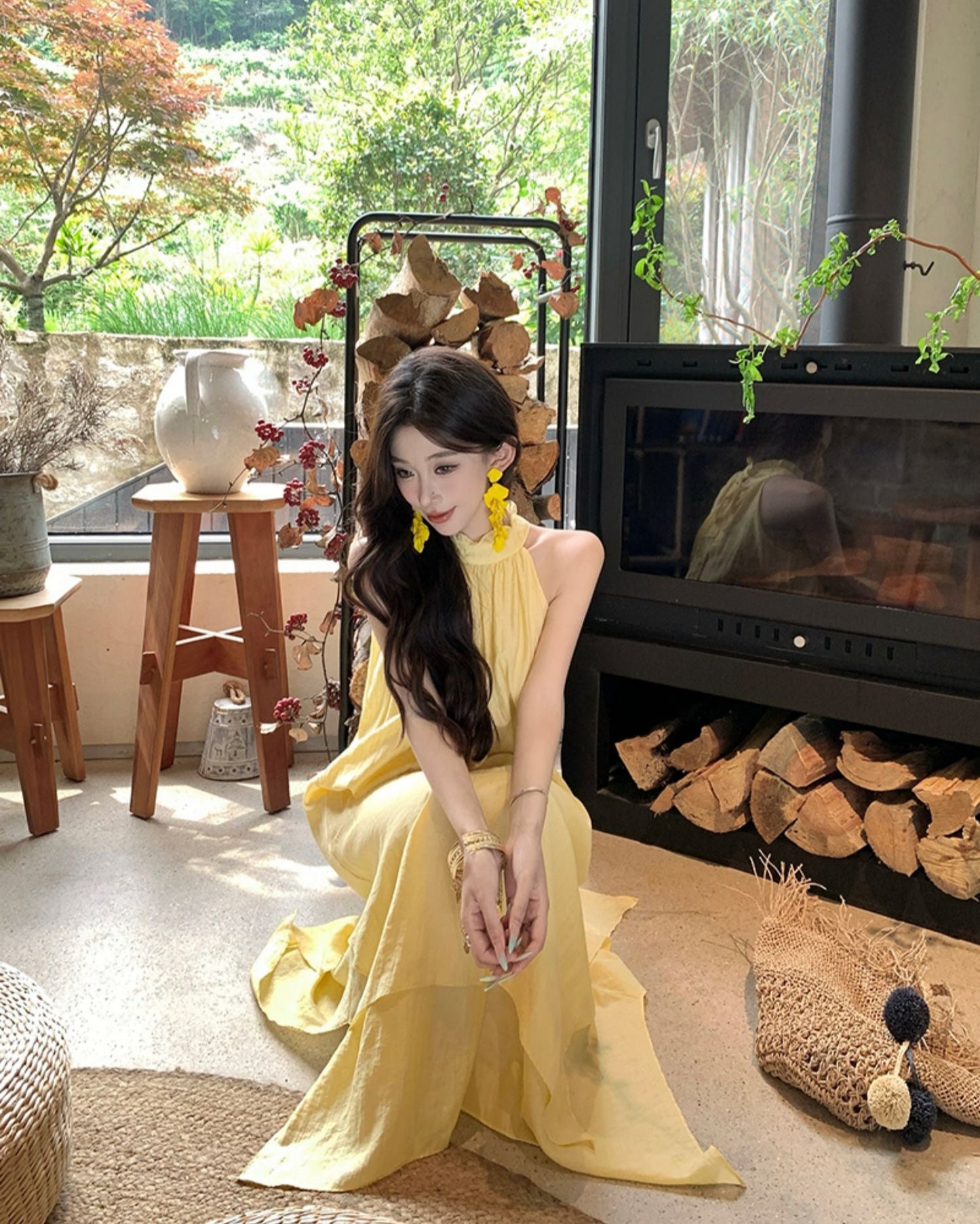 Vacation Asymmetrical Breathable Material Hem Dress With Natural Waist Flowy Halter Long Dress AP0360