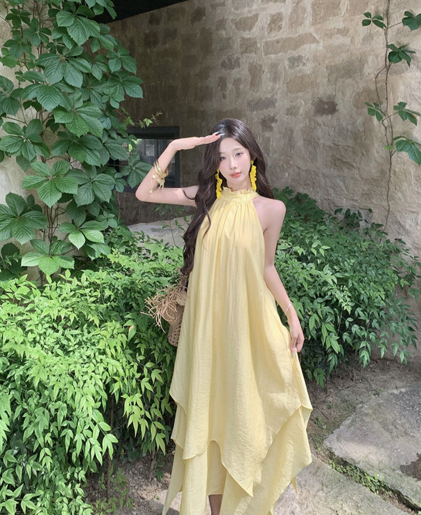 Vacation Asymmetrical Breathable Material Hem Dress With Natural Waist Flowy Halter Long Dress AP0360