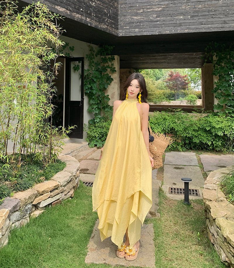Vacation Asymmetrical Breathable Material Hem Dress With Natural Waist Flowy Halter Long Dress AP0360