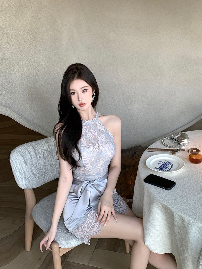 Alluring Summer Bodycon Lace Trimmed Feast Skirt Sleeveless Halter Short Dress AP0361