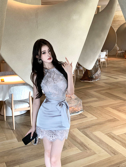 Alluring Summer Bodycon Lace Trimmed Feast Skirt Sleeveless Halter Short Dress AP0361