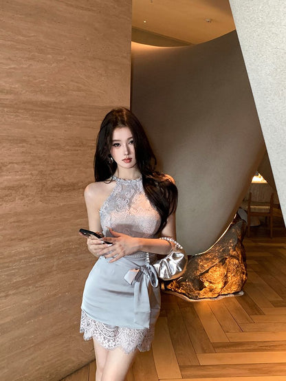 Alluring Summer Bodycon Lace Trimmed Feast Skirt Sleeveless Halter Short Dress AP0361