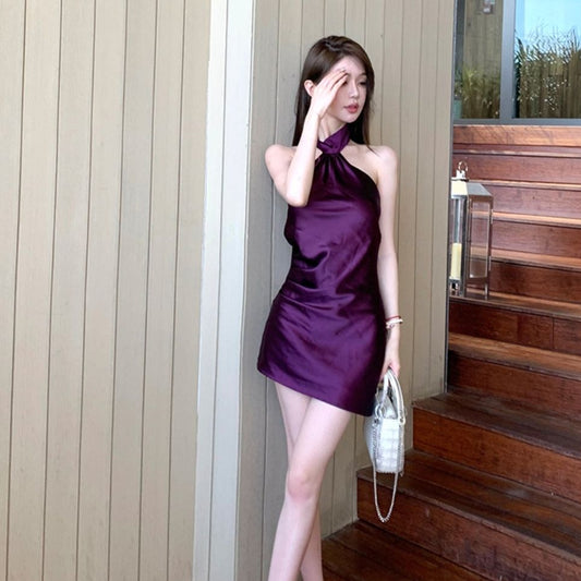 New Tendency Lustrous Halter Skirt Close-Fitting Backless Strapless Short Dress AP0363
