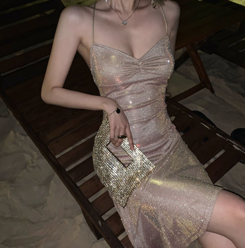 Elegant Sparkle Asymmetric Hem Skirt Birthday Party Shiny Short Dress AP0368