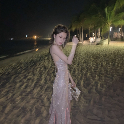 Elegant Sparkle Asymmetric Hem Skirt Birthday Party Shiny Short Dress AP0368