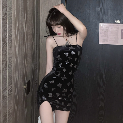 Y2K Hot Girl Butterflies Print Skirt Birthday Party Sweetheart Neck Sheath Short Dress AP0369