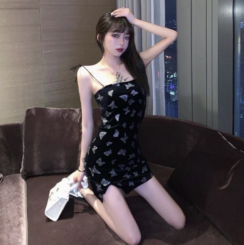 Y2K Hot Girl Butterflies Print Skirt Birthday Party Sweetheart Neck Sheath Short Dress AP0369