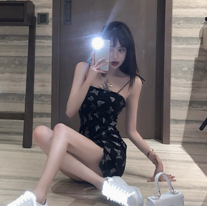 Y2K Hot Girl Butterflies Print Skirt Birthday Party Sweetheart Neck Sheath Short Dress AP0369