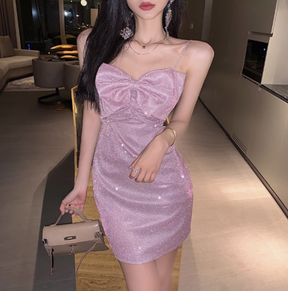 Sparkle Bowknot Elegant Short Skirt Birthday Spaghetti Strap Dress Shiny Short Dress AP0370