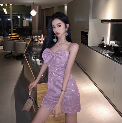 Sparkle Bowknot Elegant Short Skirt Birthday Spaghetti Strap Dress Shiny Short Dress AP0370