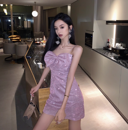 Sparkle Bowknot Elegant Short Skirt Birthday Spaghetti Strap Dress Shiny Short Dress AP0370