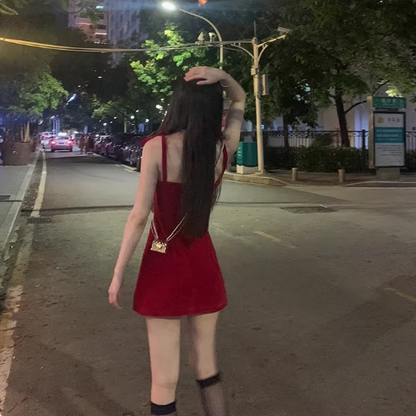 Everyday Wear Bowknot Strap Cute Short Skirt Birthday Velvet-like Short Dress AP0371