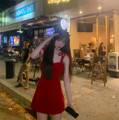 Everyday Wear Bowknot Strap Cute Short Skirt Birthday Velvet-like Short Dress AP0371