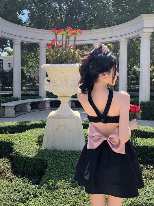 Sleeveless Summer Bow-knot Skirt Y2K Style A-Line Back Waist Tie Halter Short Dress AP0374
