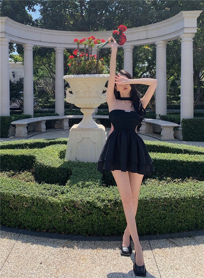 Sleeveless Summer Bow-knot Skirt Y2K Style A-Line Back Waist Tie Halter Short Dress AP0374