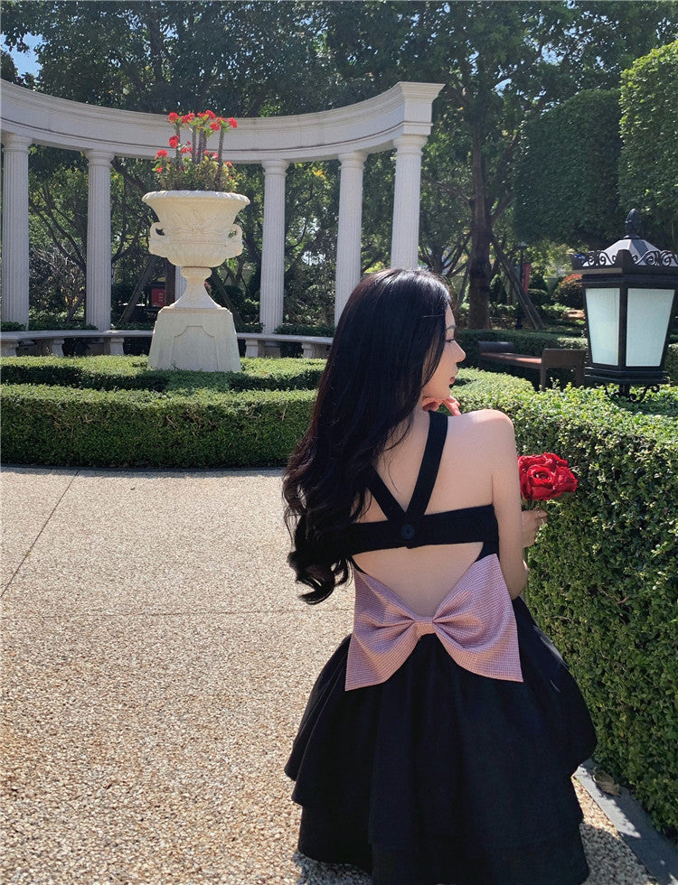 Sleeveless Summer Bow-knot Skirt Y2K Style A-Line Back Waist Tie Halter Short Dress AP0374