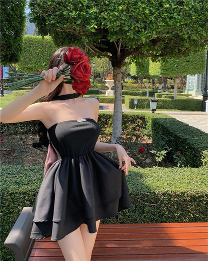 Sleeveless Summer Bow-knot Skirt Y2K Style A-Line Back Waist Tie Halter Short Dress AP0374