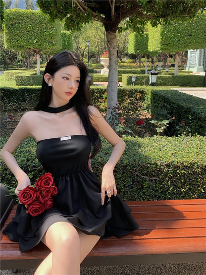 Sleeveless Summer Bow-knot Skirt Y2K Style A-Line Back Waist Tie Halter Short Dress AP0374