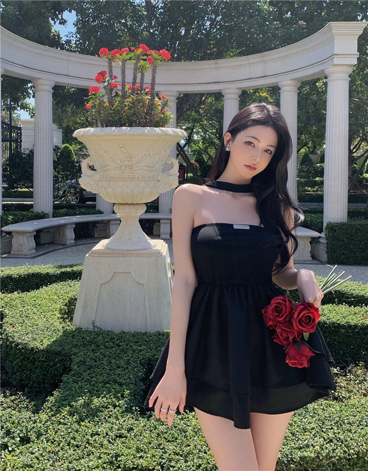 Sleeveless Summer Bow-knot Skirt Y2K Style A-Line Back Waist Tie Halter Short Dress AP0374