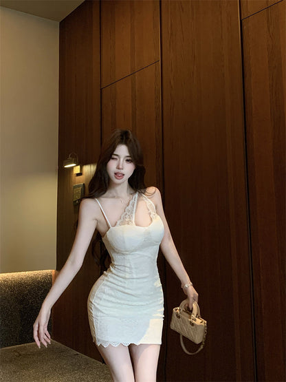 Alluring Asymmetrical Strap Skirt Breathable Material Birthday Party Sheath Short Dress AP0375