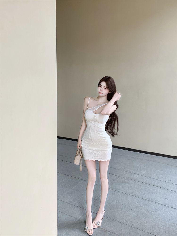 Alluring Asymmetrical Strap Skirt Breathable Material Birthday Party Sheath Short Dress AP0375