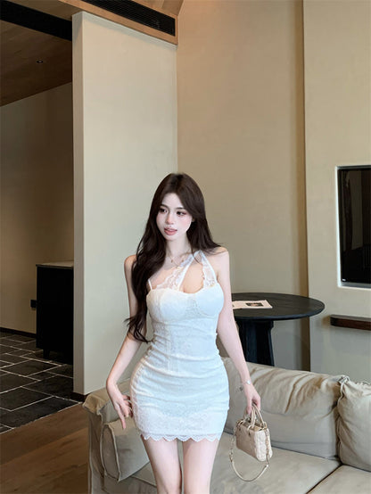 Alluring Asymmetrical Strap Skirt Breathable Material Birthday Party Sheath Short Dress AP0375