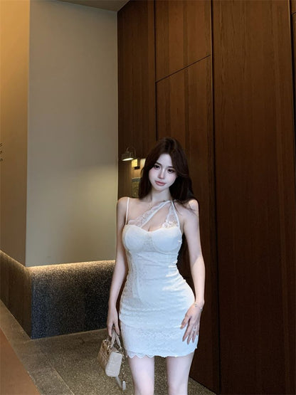 Alluring Asymmetrical Strap Skirt Breathable Material Birthday Party Sheath Short Dress AP0375