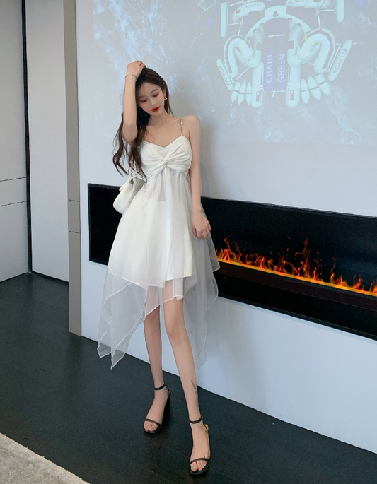 Party OOTD Tulle Trimmed Double Layer Summer Skirt Cute Asymmetric Hem Spaghetti Strap Short Dress AP0379