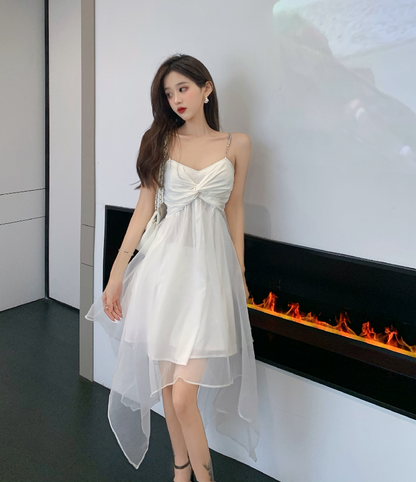 Party OOTD Tulle Trimmed Double Layer Summer Skirt Cute Asymmetric Hem Spaghetti Strap Short Dress AP0379