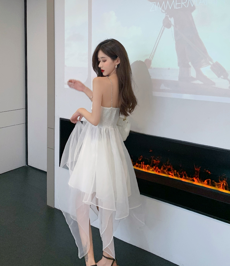 Party OOTD Tulle Trimmed Double Layer Summer Skirt Cute Asymmetric Hem Spaghetti Strap Short Dress AP0379