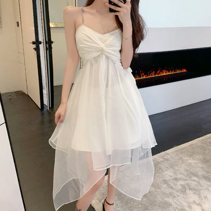 Party OOTD Tulle Trimmed Double Layer Summer Skirt Cute Asymmetric Hem Spaghetti Strap Short Dress AP0379