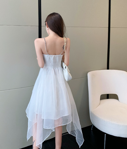 Party OOTD Tulle Trimmed Double Layer Summer Skirt Cute Asymmetric Hem Spaghetti Strap Short Dress AP0379