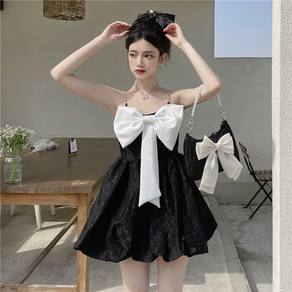 Alluring Summer Open Back Mini Skirt Bow-Knot Ornament Lustrous Fabric Spaghetti Strap Short Dress AP0380