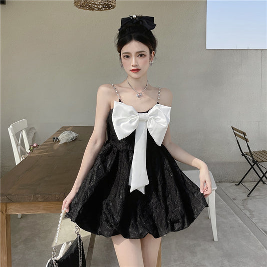 Alluring Summer Open Back Mini Skirt Bow-Knot Ornament Lustrous Fabric Spaghetti Strap Short Dress AP0380