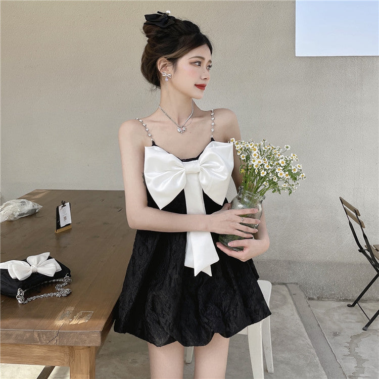 Alluring Summer Open Back Mini Skirt Bow-Knot Ornament Lustrous Fabric Spaghetti Strap Short Dress AP0380