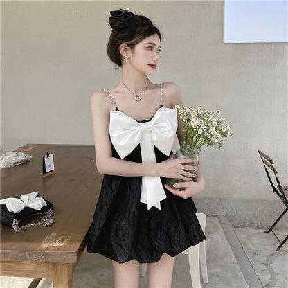 Alluring Summer Open Back Mini Skirt Bow-Knot Ornament Lustrous Fabric Spaghetti Strap Short Dress AP0380