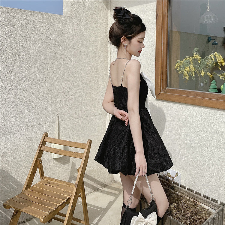 Alluring Summer Open Back Mini Skirt Bow-Knot Ornament Lustrous Fabric Spaghetti Strap Short Dress AP0380