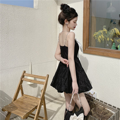 Alluring Summer Open Back Mini Skirt Bow-Knot Ornament Lustrous Fabric Spaghetti Strap Short Dress AP0380