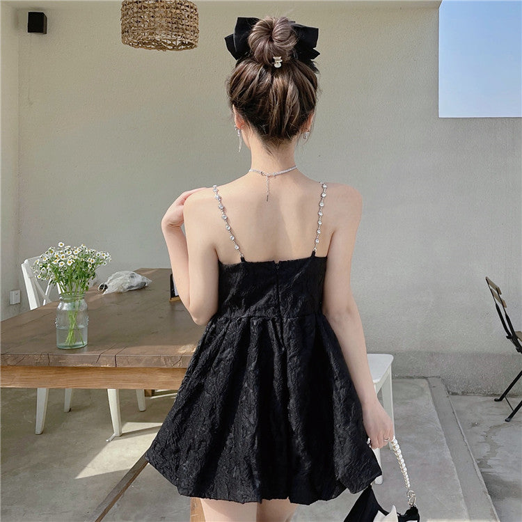 Alluring Summer Open Back Mini Skirt Bow-Knot Ornament Lustrous Fabric Spaghetti Strap Short Dress AP0380